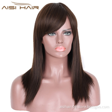 Aisi Hair Long Silky Straight Wigs Synthetic Brown Hair Wigs With Bangs For African American Women Heat Resistant Fiber